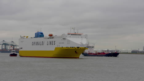 A-large-yellow-and-white-freight-shipping-vessel-from-Grimaldi-Lines-traveling-from-the-Antwerp-Harbor-in-Belgium---Wide-shot