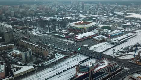 Drone-slowly-flying-around-the-RZD-Arena-stadium,-home-of-the-FC-Lokomotiv-Moscow-in-Moscow,-Russia