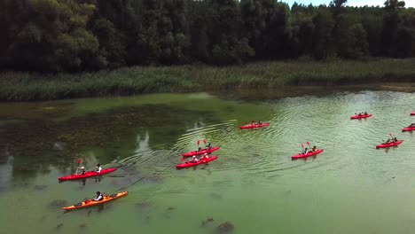 Landscape-view-of-people-kayaking-in-pairs-on-Danube-river,-Hungary