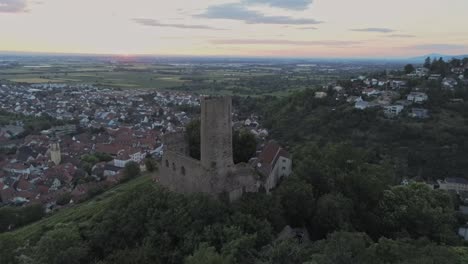 Ascending-over-trees-behind-historic-German-castle-during-sunset