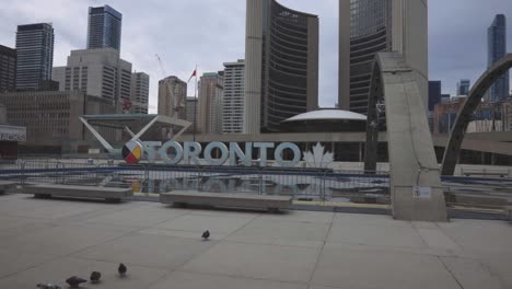 Palomas-En-El-Suelo-De-La-Plaza-Nathan-Phillips-En-Toronto,-Canadá,-Con-El-Cartel-Panorámico-De-Toronto-Y-El-Nuevo-Ayuntamiento-Al-Fondo---Toma-Amplia