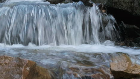 Close-flowing-water-shot-at-spingtime,-the-stream-runs-rapid-water-over-the-rocks