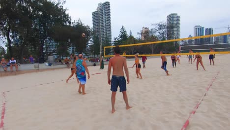 Beach-Volleyball-on-the-beach-at-Broadbeach,-Gold-Coast,-Australia