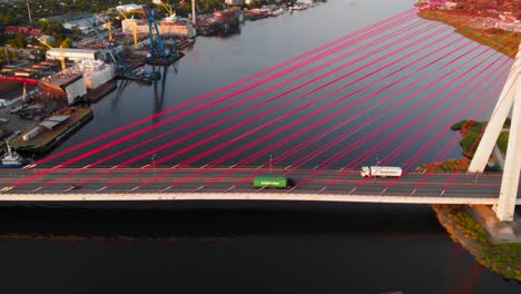 Aerial-shot-of-Cable-Stayed-Bridge-On-Motława-River-In-Gdansk,-Poland