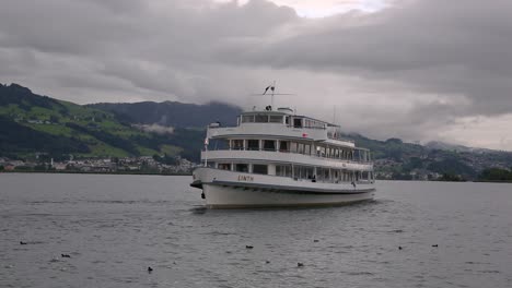 Ferry-on-Bodensee,-Lake-Constance-sailing-to-the-destination-in-Hagnau,-Germany