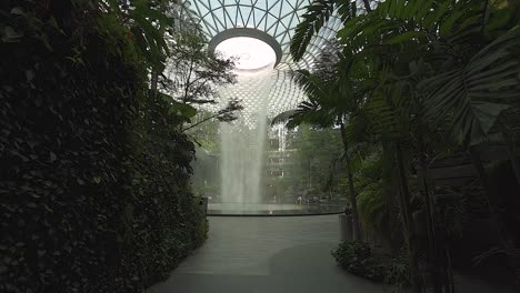 POV-Caminando-A-Través-De-Un-Bosque-Interior-Hacia-La-Cascada-Interior-Más-Alta-Del-Mundo-En-El-Aeropuerto-Jewel-Changi-De-Singapur-En-Cámara-Lenta