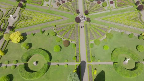 Revealing-Aerial-Shot-of-Drummond-Castle-and-Its-Well-Kept-Garden