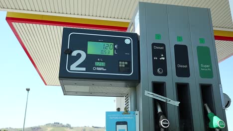 Italian-filling-station,-record-fuel-prices,-close-up-steady-shot