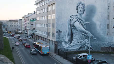 Mural-Realista-De-Julio-Cesar,-Mejor-Graffiti-Del-Mundo-En-2021,-Ciudad-De-Lugo,-Galicia,-España