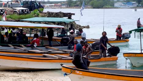 People-on-boat-water-taxis-at-the-busy-crowded-Buka-Passage-crossing-on-the-remote-tropical-island-of-Autonomous-Region-of-Bougainville,-Papua-New-Guinea