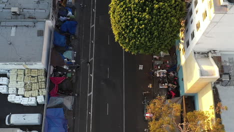 Drone-shot-showing-massive-homeless-encampment-in-Downtown-Los-Angeles's-Skid-Row