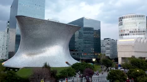 Aerial-view-of-museum-Soumaya-and-museum-Jumex-in-Polanco,-Mexico-City