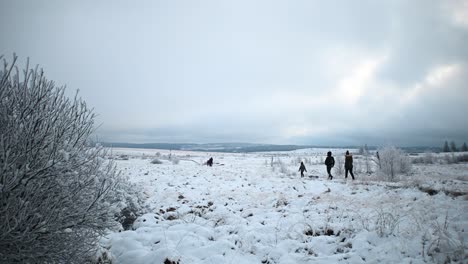 Schöne-Familie-Wandert-Auf-Holzpfad-Im-Hochmoor,-Belgien