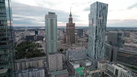 Aerial-establishment-shot-of-the-business-area-in-the-downtown-of-Warsaw-with-all-the-emblematic-buildings