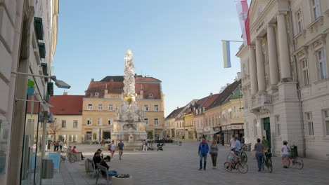 Covid-Lockdown-in-Austria---Baden-bei-Wien---City-hall-and-plague-column-in-the-center-of-Baden-near-Vienna