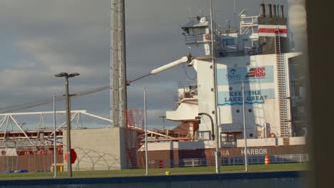 Large-cargo-ship-moving-forward-in-the-Soo-Locks,-located-in-Sault-Ste