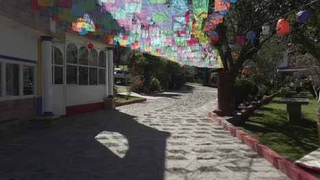 Decorated-street-in-Ciudad-Valles-in-Mexico,-interior-courtyard-of-hotel