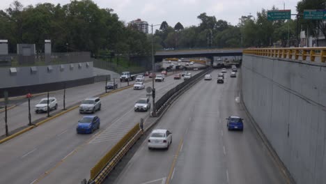 Cars-traffic-both-ways-of-the-road-motorway-freeway-top-down-view-Mexico-City