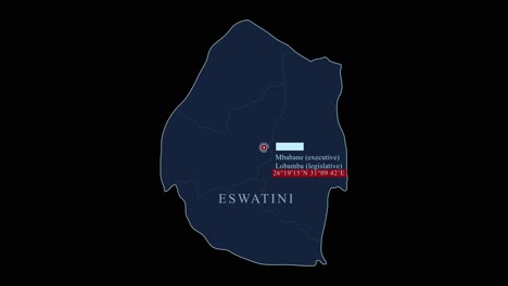 Eswatini-blue-map-with-Mbabane-and-Lobamba-cities-and-geographic-coordinates-on-black-background