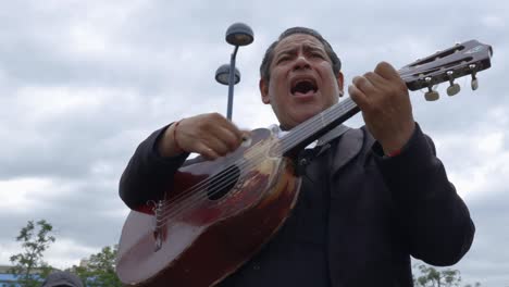 Street-musician-in-Mexico-City-playing-Mexican-twelve-string-guitar,-up-close