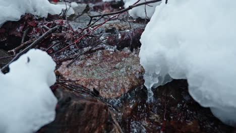 Schmelzender-Schnee-Offenbart-Einen-Fließenden-Bach-Zwischen-Felsen-Und-Ästen-In-Einer-Winterwaldszene