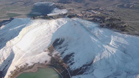 Landscape-shot-flying-toward-Pamukkale,-Turkey