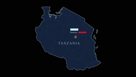 Mapa-Azul-De-Tanzania-Con-La-Capital-De-Dodoma-Y-Coordenadas-Geográficas-Sobre-Fondo-Negro