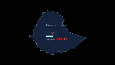 Äthiopien,-Blaue-Karte-Mit-Addis-Abeba-Hauptstadt-Und-Geografischen-Koordinaten-Auf-Schwarzem-Hintergrund