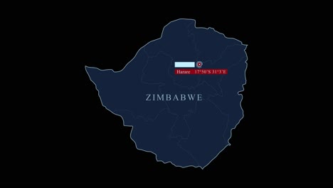 Simbabwe-Blaue-Karte-Mit-Harare-Hauptstadt-Und-Geografischen-Koordinaten-Auf-Schwarzem-Hintergrund