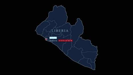 Liberia-Blaue-Karte-Mit-Monrovia-Hauptstadt-Und-Geografischen-Koordinaten-Auf-Schwarzem-Hintergrund