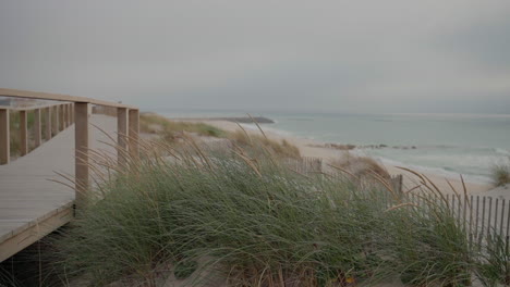 Wooden-boardwalk-overlooking-tall-beach-grass-and-sand-dunes-at-Costa-Nova-Beach,-Aveiro,-Portugal,