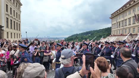 Changing-of-the-Guard-at-Prague-Castle,-Guards-with-bayonets-on-their-weapons