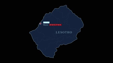 Lesotho-Blaue-Karte-Mit-Maseru-Hauptstadt-Und-Geografischen-Koordinaten-Auf-Schwarzem-Hintergrund