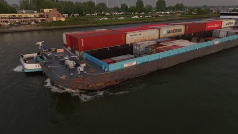 Sento-Barge-Ship-Loading-With-Containers-Near-Moerdijk,-Netherlands