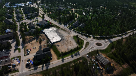 Aerial-view-around-the-burnt-down-store-in-the-Saariselka-village,-in-Finland