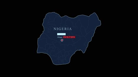 Mapa-Azul-De-Nigeria-Con-La-Capital-De-Abuya-Y-Coordenadas-Geográficas-Sobre-Fondo-Negro