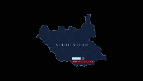 Südsudan-Blaue-Karte-Mit-Juba-Hauptstadt-Und-Geografischen-Koordinaten-Auf-Schwarzem-Hintergrund