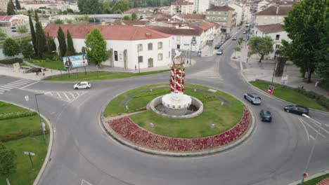 Historical-monument-in-Tomar-Portugal,-decorated-roundabout-Rotunda-do-Tabuleiro