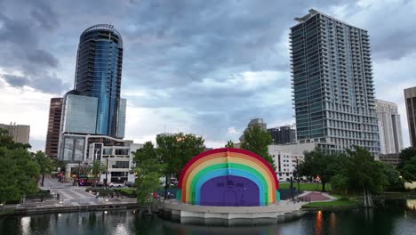 Drone-shot-of-Orlando-Skyline-and-Lake-Eola-Park