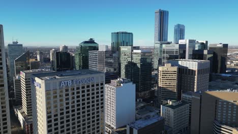 Sunny-aerial-flyover-of-modern-skyscraper-highrises-in-Edmonton-city