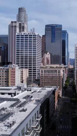 Vertical-Drone-Shot,-Downtown-Los-Angeles-USA,-Central-Financial-District-Buildings-and-Towers