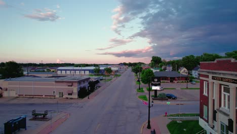 Sunset-Over-Main-Street-in-Silvis,-Illinois---Charming-Small-Town-Americana-in-the-Heart-of-the-Midwest