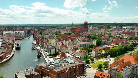 Aerial-view-of-Gdańsk-old-town,-featuring-historical-buildings-and-the-Motława-River-under-a-bright-blue-sky-with-clouds