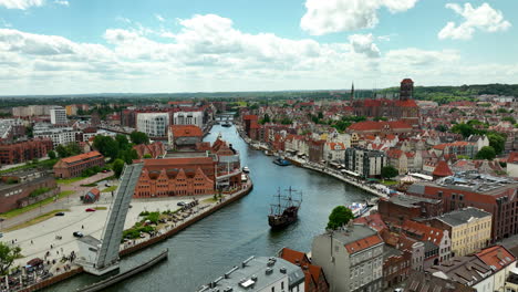 Aerial-view-of-Gdańsk-old-town,-featuring-the-Motława-River,-historical-architecture,-and-a-drawbridge-under-a-bright-sky