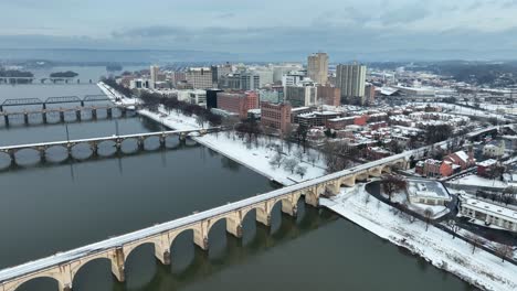 Aerial-view-of-bridges-over-Susquehanna-River-in-Harrisburg-during-snowy-winter-day