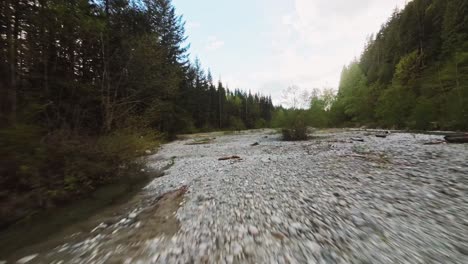 Fast-low-flying-aerial-over-dried-river-bed-proximity-flying-to-rocks-river-water-trees-surrounded-by-lush-greenery-fallen-logs-and-vegetation-bright-clouds-sunny-day-near-Stave-Lake-in-Mission-BC