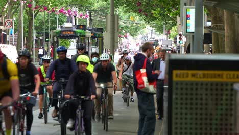 Cyclists-riding-along-Swanston-street,-highlighting-the-city's-mix-of-active-transport-and-public-transit