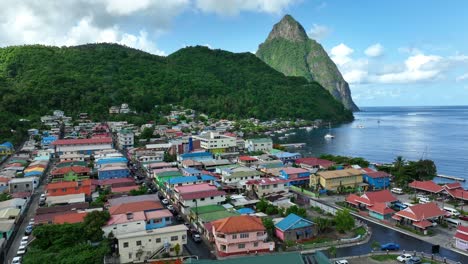 Downtown-Soufriere,-Saint-Lucia-with-famous-Petit-Piton-mountain-in-background