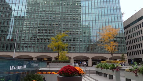 Urban-Colorful-Flowers-Garden-At-Esplanade-Ville-Marie-Downtown-Montreal-City,-Tilt-Up