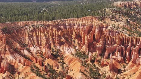 Vibrant-orange-hoodoos-and-steep-cliffs-surrounded-by-lush-forest-in-Bryce-Canyon,-Utah-USA